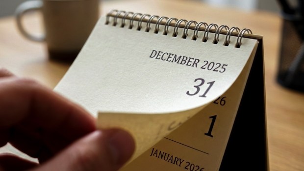 Dłoń przewraca kartkę z kalendarza z 31 grudnia 2025 na 1 stycznia 2026.