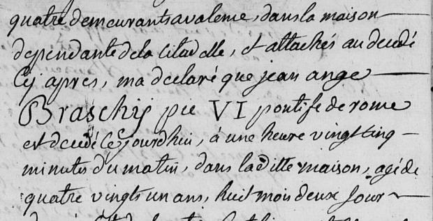 Fragment aktu zgonu papieża Piusa VI z dnia 29 sierpnia 1799 r.