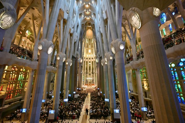 pope-leo-xiv--holy-mass-basilica-sagrada-familia-jesus-christ-tower-barcelona