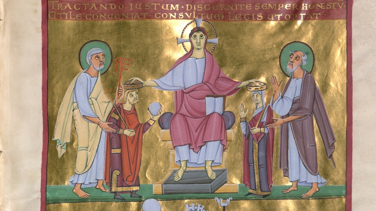 Święci Henryk i Święta Kunegunda koronowani przez Chrystusa. Fragment miniatury z „Księgi perykop Henryka II”