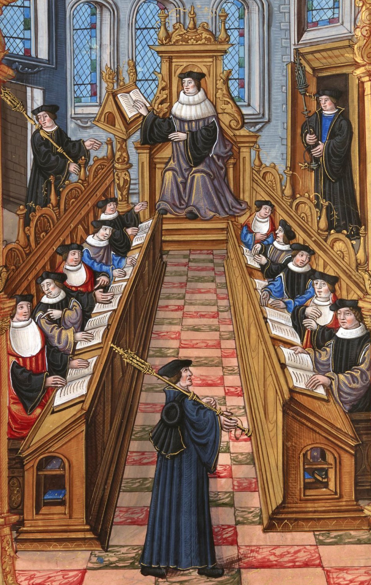 Ilustracja z XVI-wiecznego manuskryptu przedstawiająca spotkanie doktorów na Uniwersytecie Paryskim